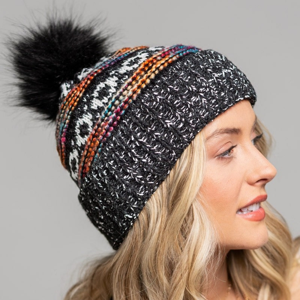 Black & Multi-Color Decorative Knit Pom Pom Beanie